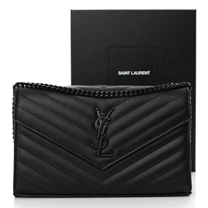 Saint Laurent Grain De Poudre Matelasse Chevron Monogram Monochrome Chain Wallet Black 9 of 9