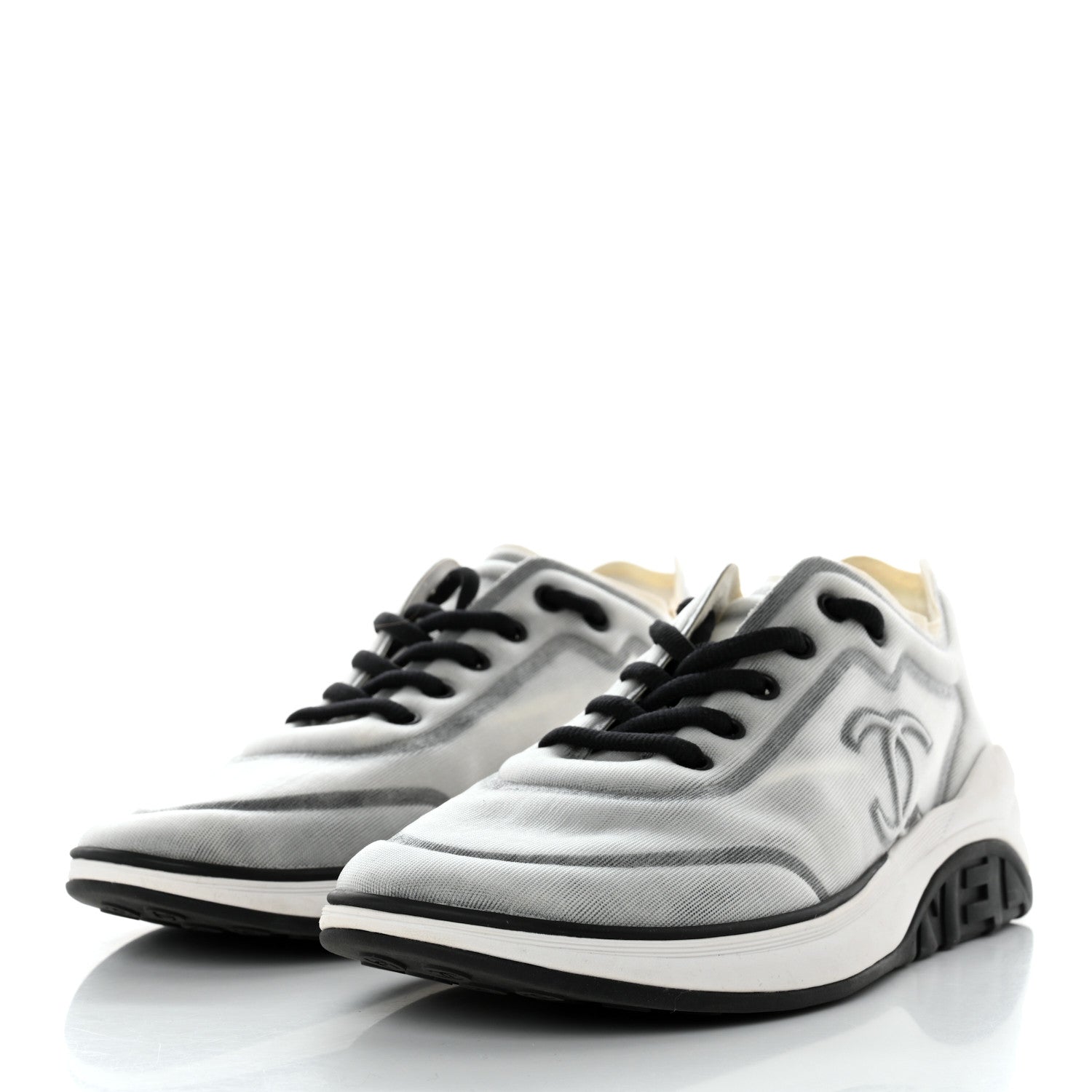 Chanel Calfskin Mesh Lycra Womens Logo Sneakers 41 White Black 3 of 8