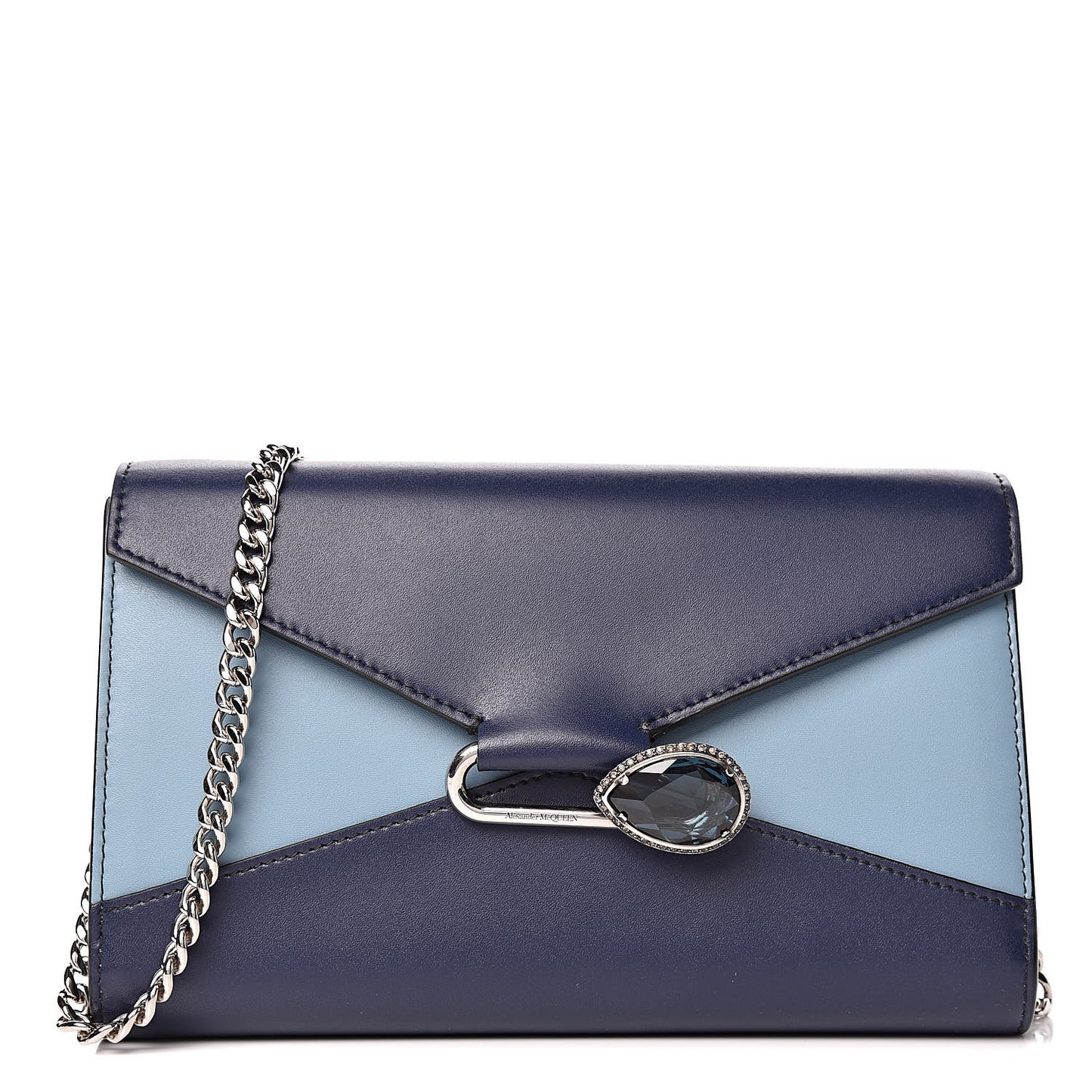Calfskin Crystal Pin Envelope Wallet On Chain Blue