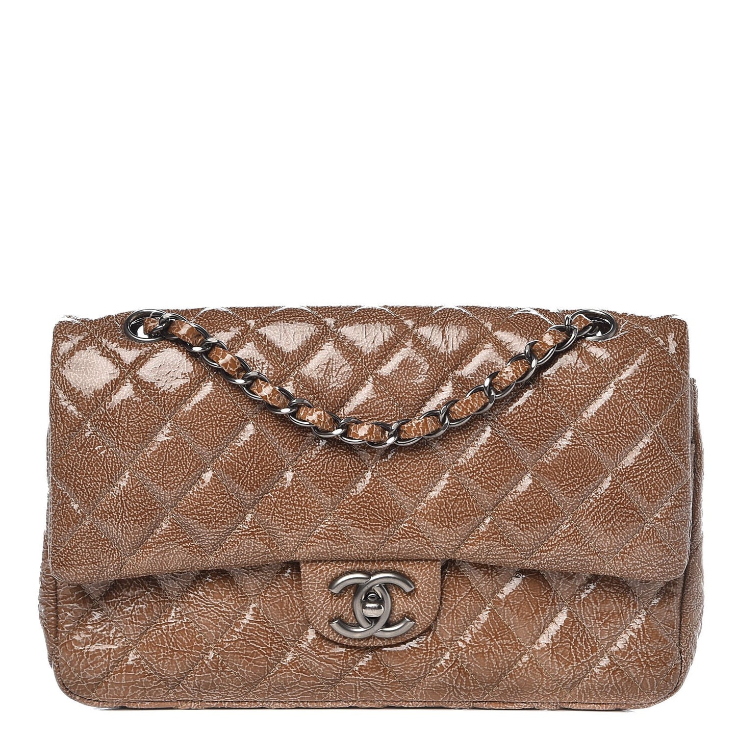 Crinkled Patent Quilted Medium Double Flap Beige