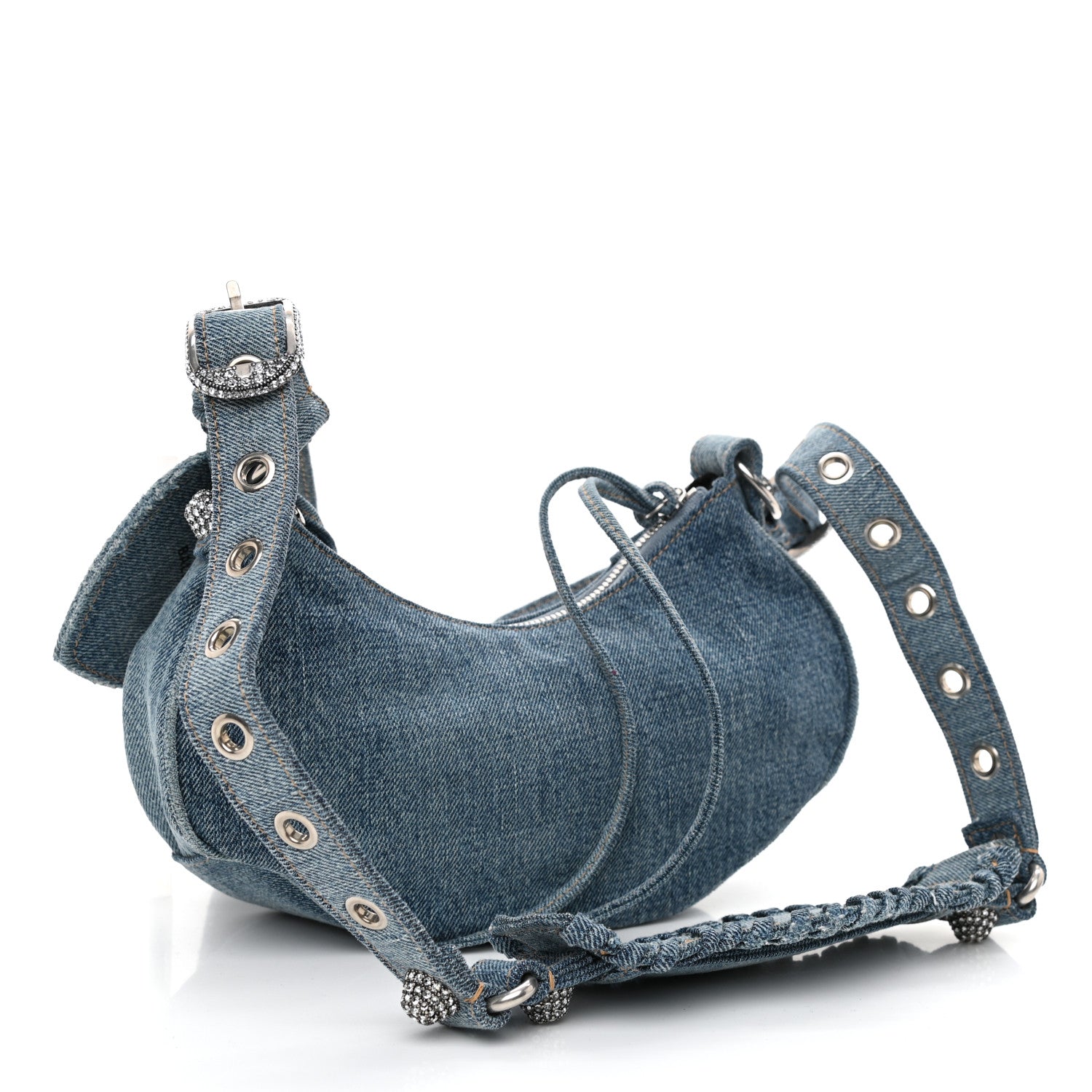Balenciaga Washed Frayed Denim Crystal Le Cagole Shoulder Bag XS Blue 4 of 10