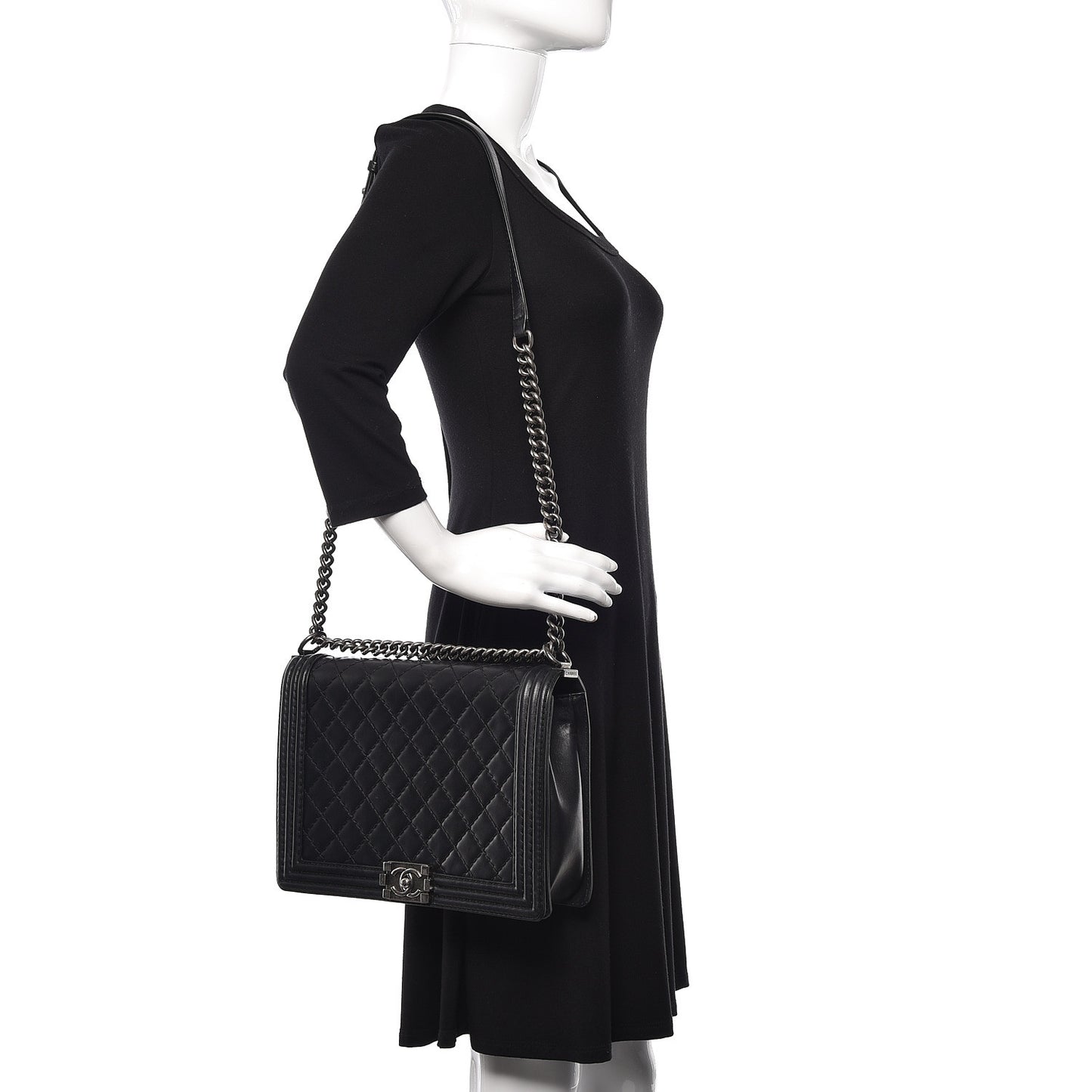 Calfskin Quilted Large Boy Flap Black