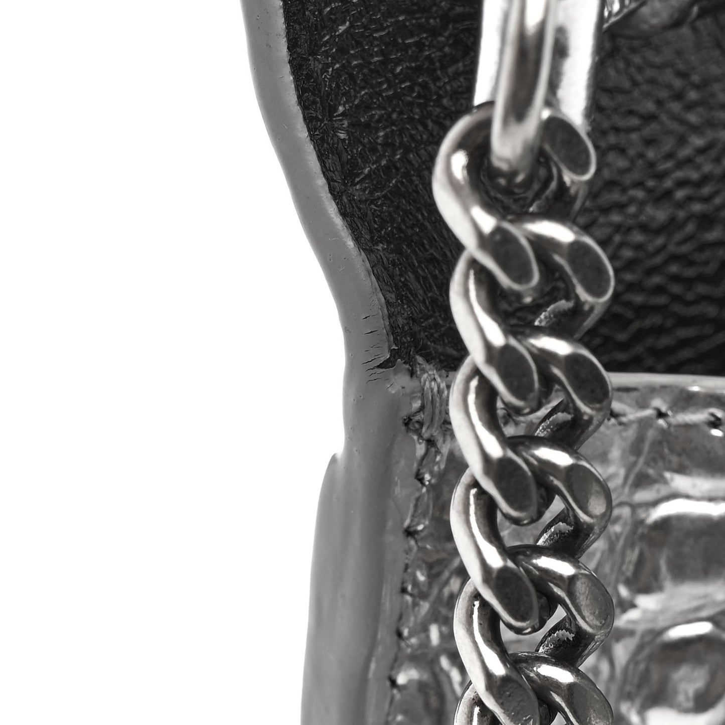 Metallic Calfskin Crocodile Embossed Hourglass Chain Bag Silver