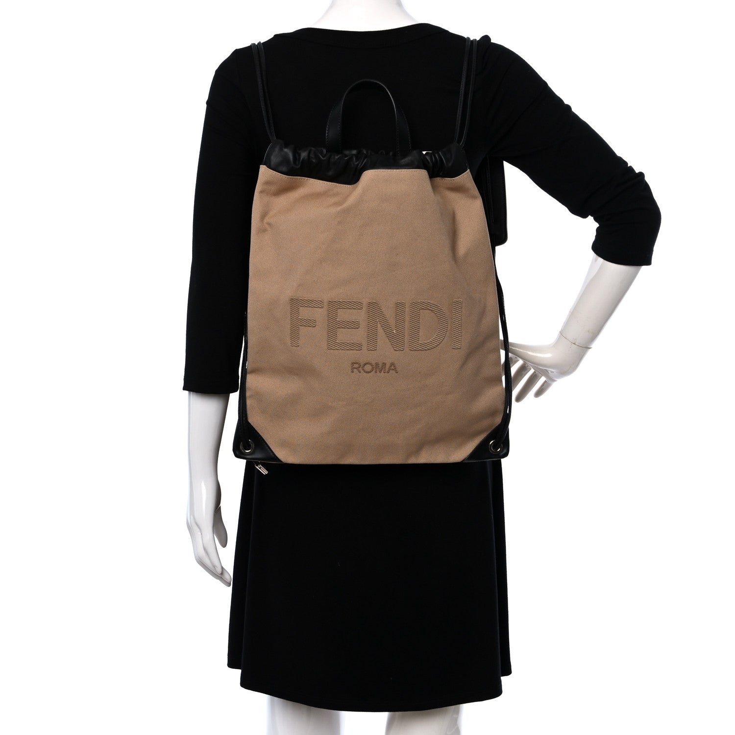 Fendi Canvas Vitello King Logo Embroidered Drawstring Backpack Sand Black 2 of 9