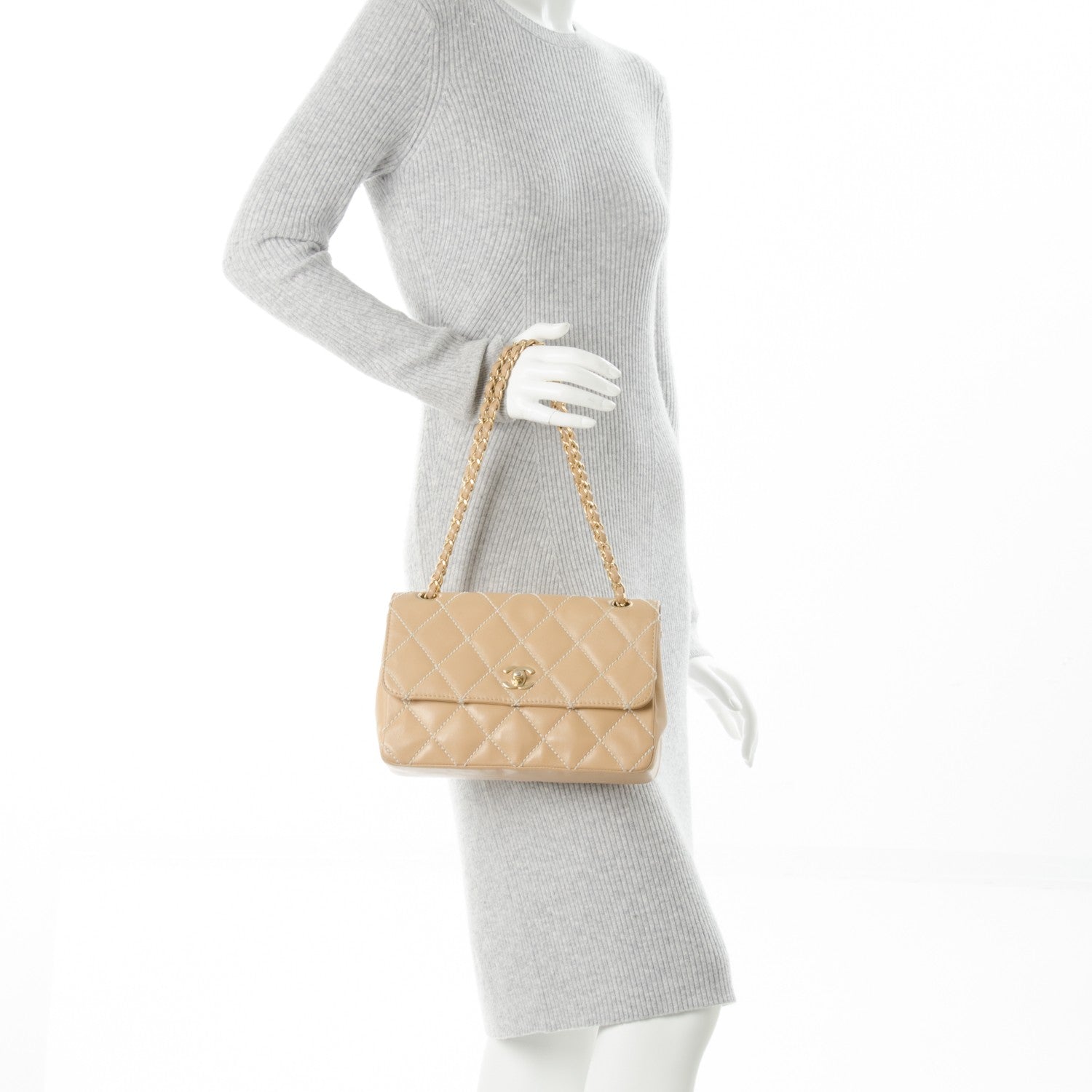 Chanel Calfskin Quilted Medium Wild Stitch Flap Beige 2 of 10