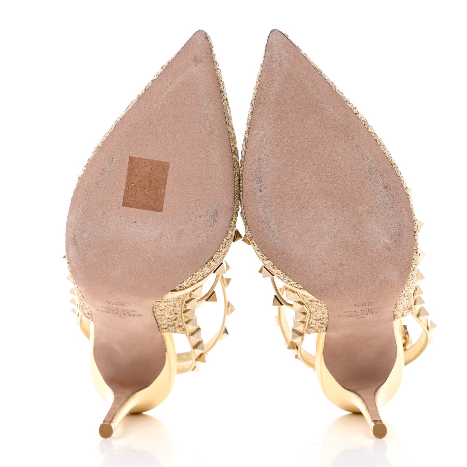 Valentino Garavani Boucle Raffia Metallic Calfskin Rockstud Ankle Strap 100mm Pumps 35 Gold Mekong 3 of 9