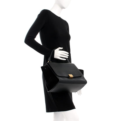 Celine Crocodile Embossed Calfskin Suede Medium Trapeze Black 3 of 7