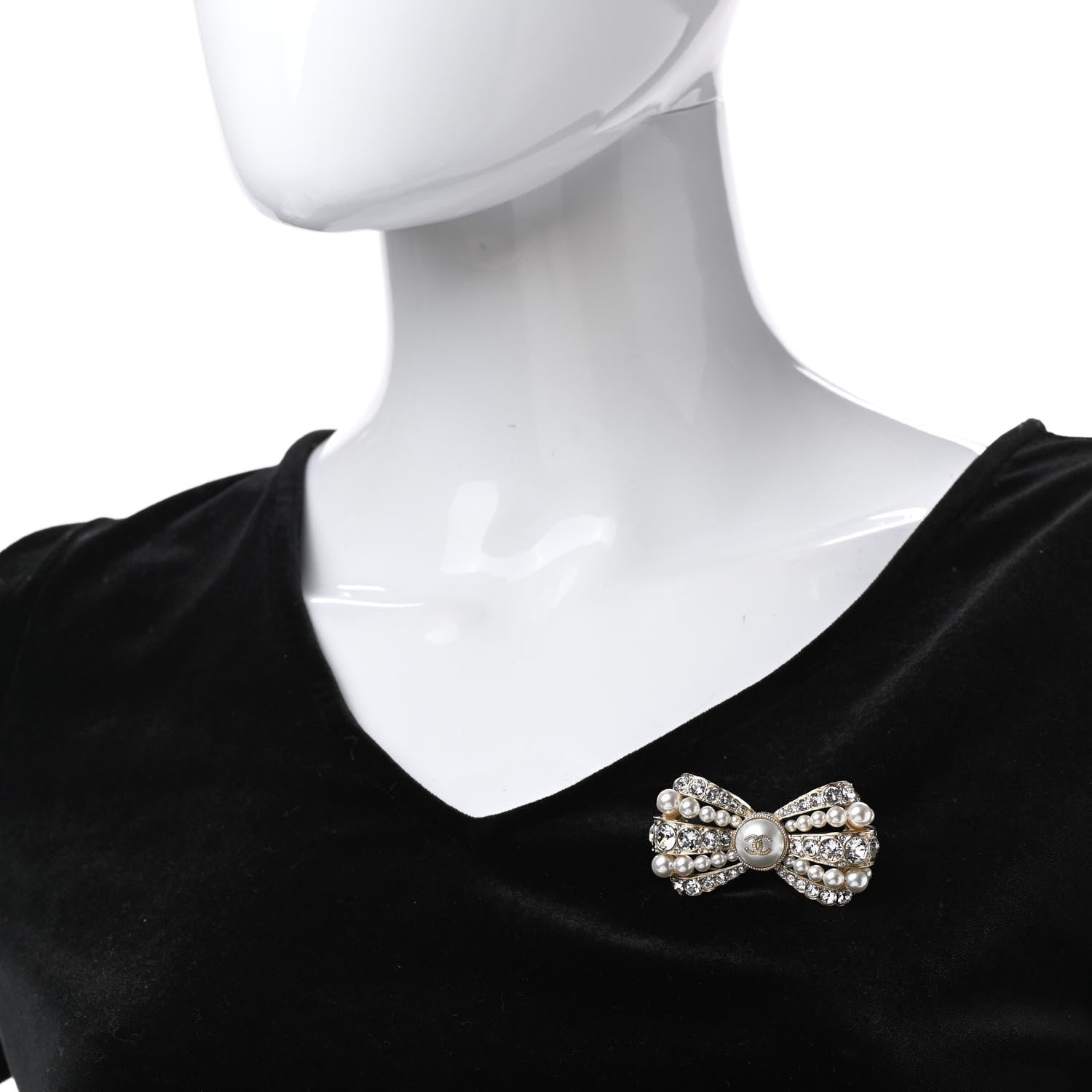 Chanel Metal Crystal Pearl CC Bow Brooch Gold 2 of 6