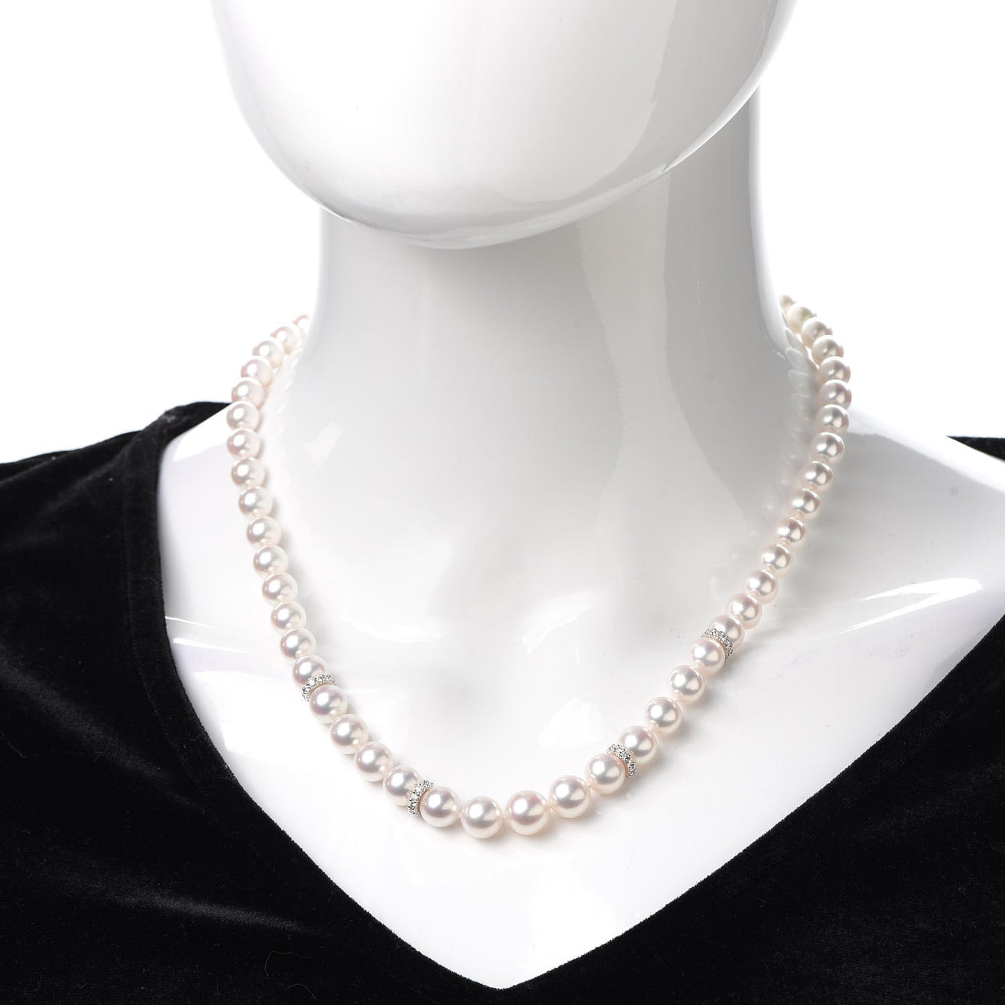 18K White Gold Diamond Akoya Pearl 7-9mm Graduated Strand Rondelle Necklace