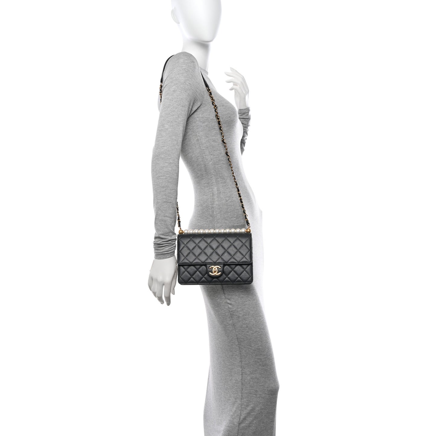 Lambskin Quilted Small Chic Pearls Flap Black