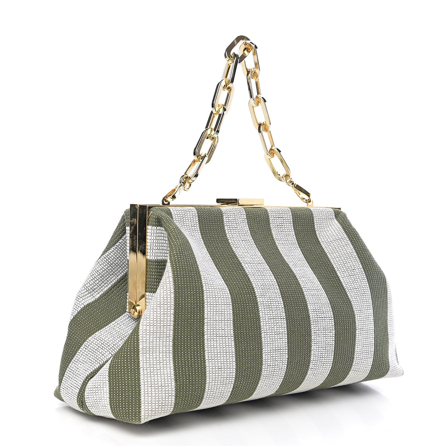 Canvas Stripe Volume Chain Clutch Green White