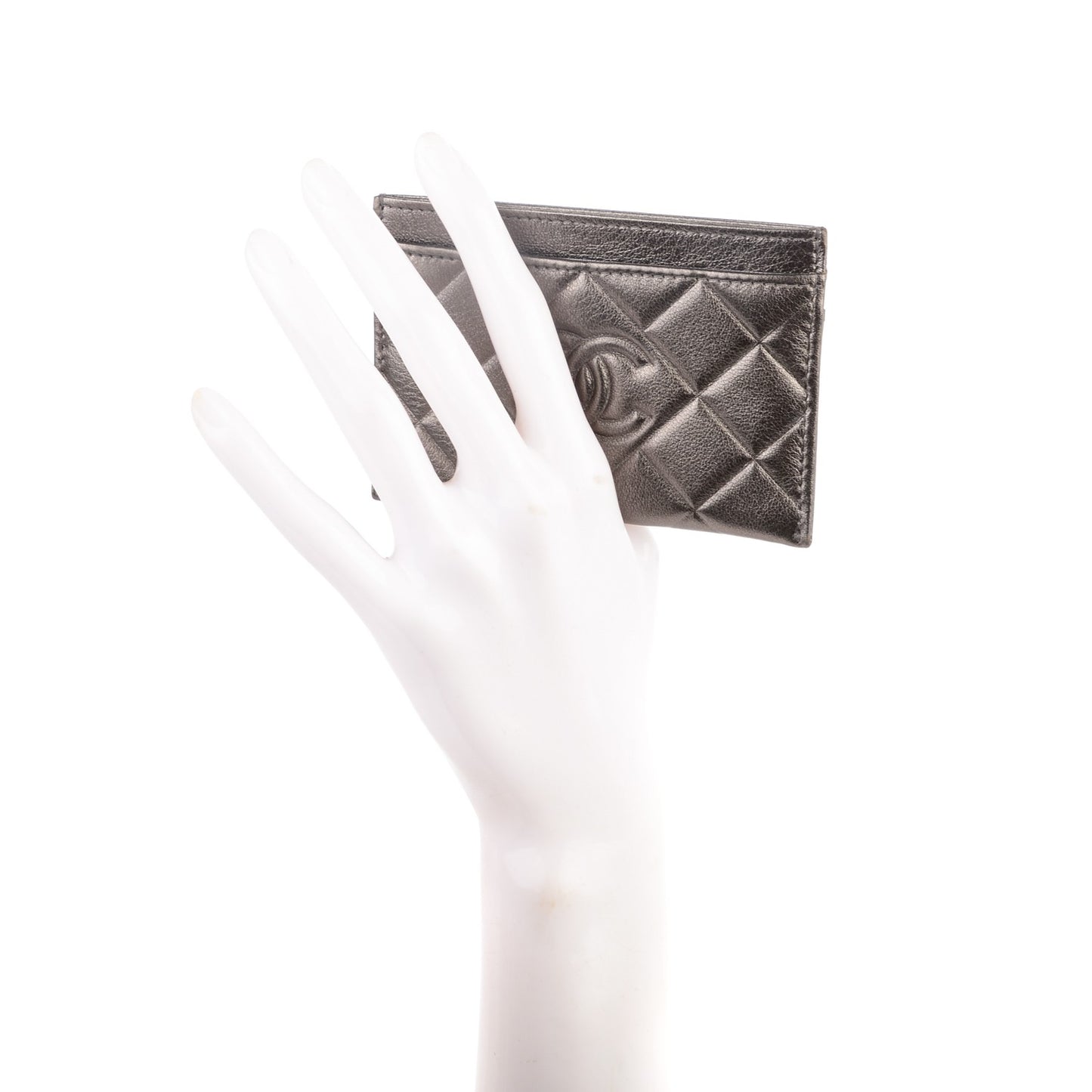 Metallic Calfskin Quilted Diamond CC Card Holder Pewter