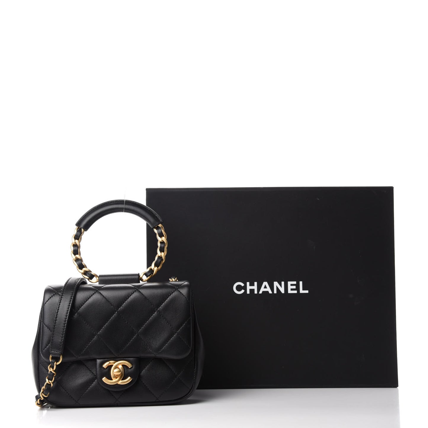 Lambskin Quilted Small Circular Handle Bag Black