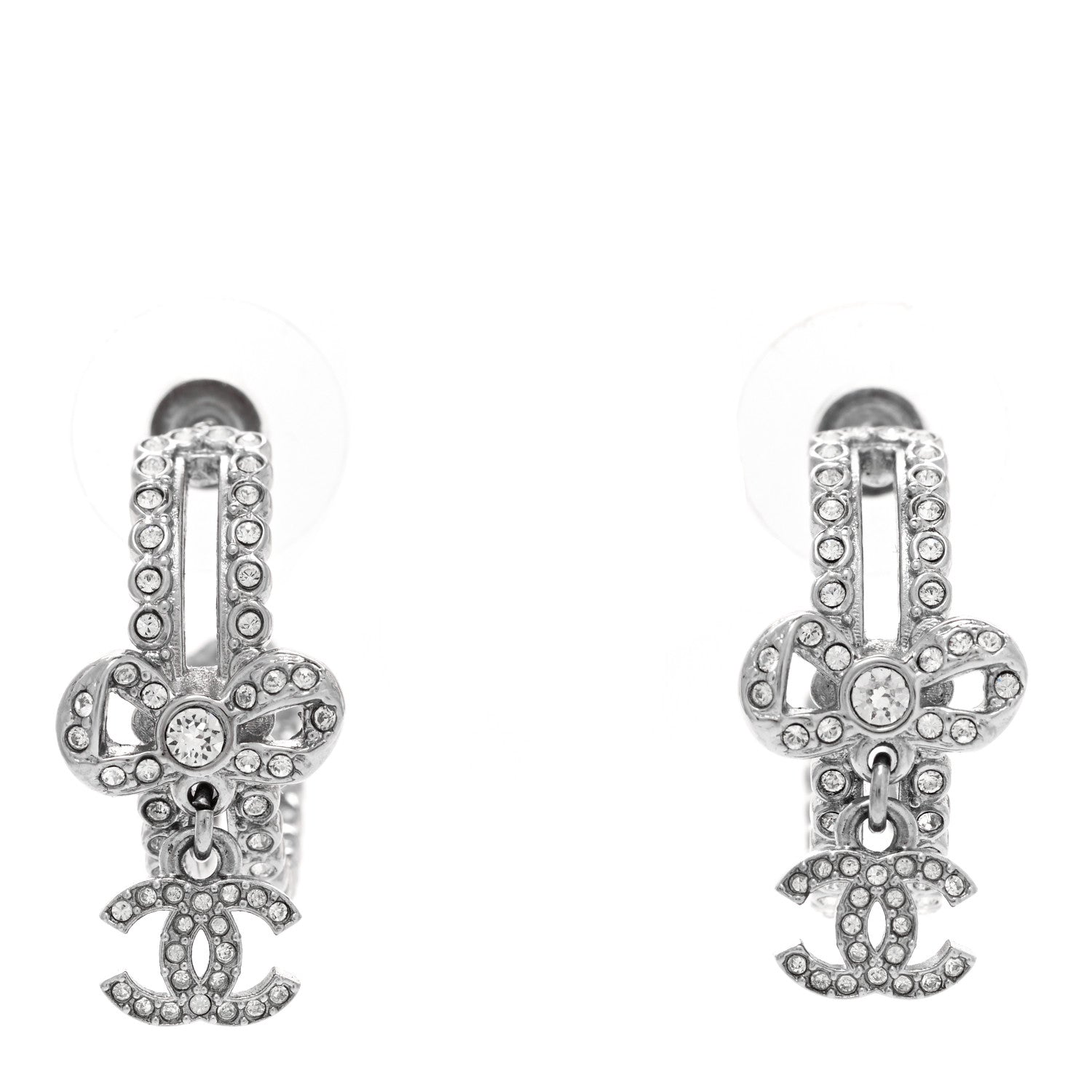 Chanel Crystal CC Bow Hoop Drop Earrings Silver 1 of 4