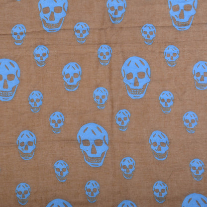 Alexander McQueen Modal Silk Fringe Edge Skull Scarf Brown Blue 1 of 5