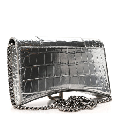 Balenciaga Metallic Calfskin Crocodile Embossed Hourglass Chain Bag Silver 2 of 8
