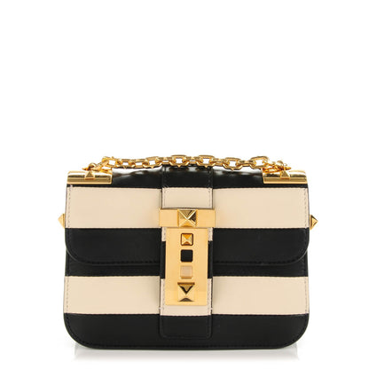 Valentino Garavani Calfskin Monochrome Striped Small B-Rockstud Flap Black Ivory 1 of 7