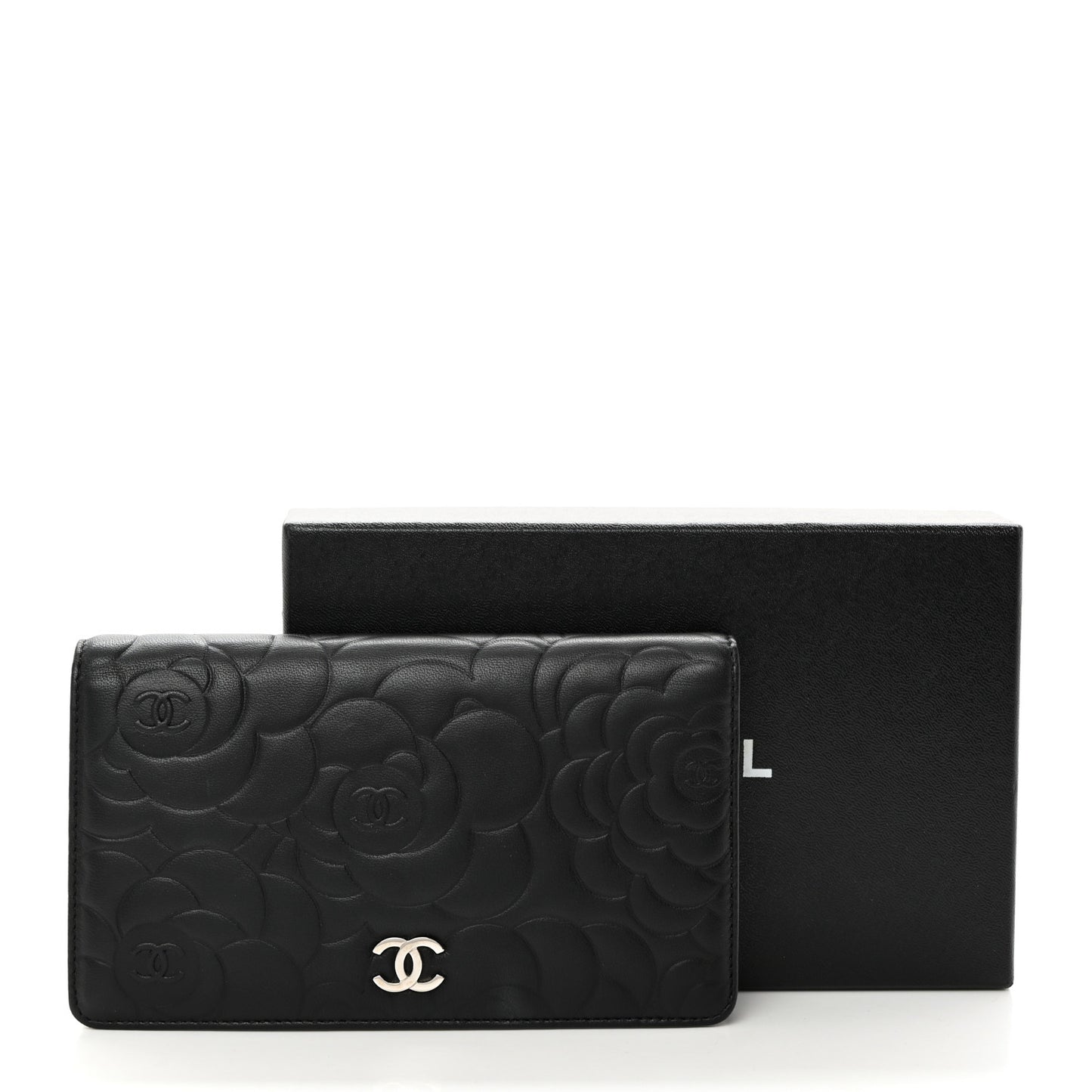 Lambskin Camellia Embossed Yen Wallet Black