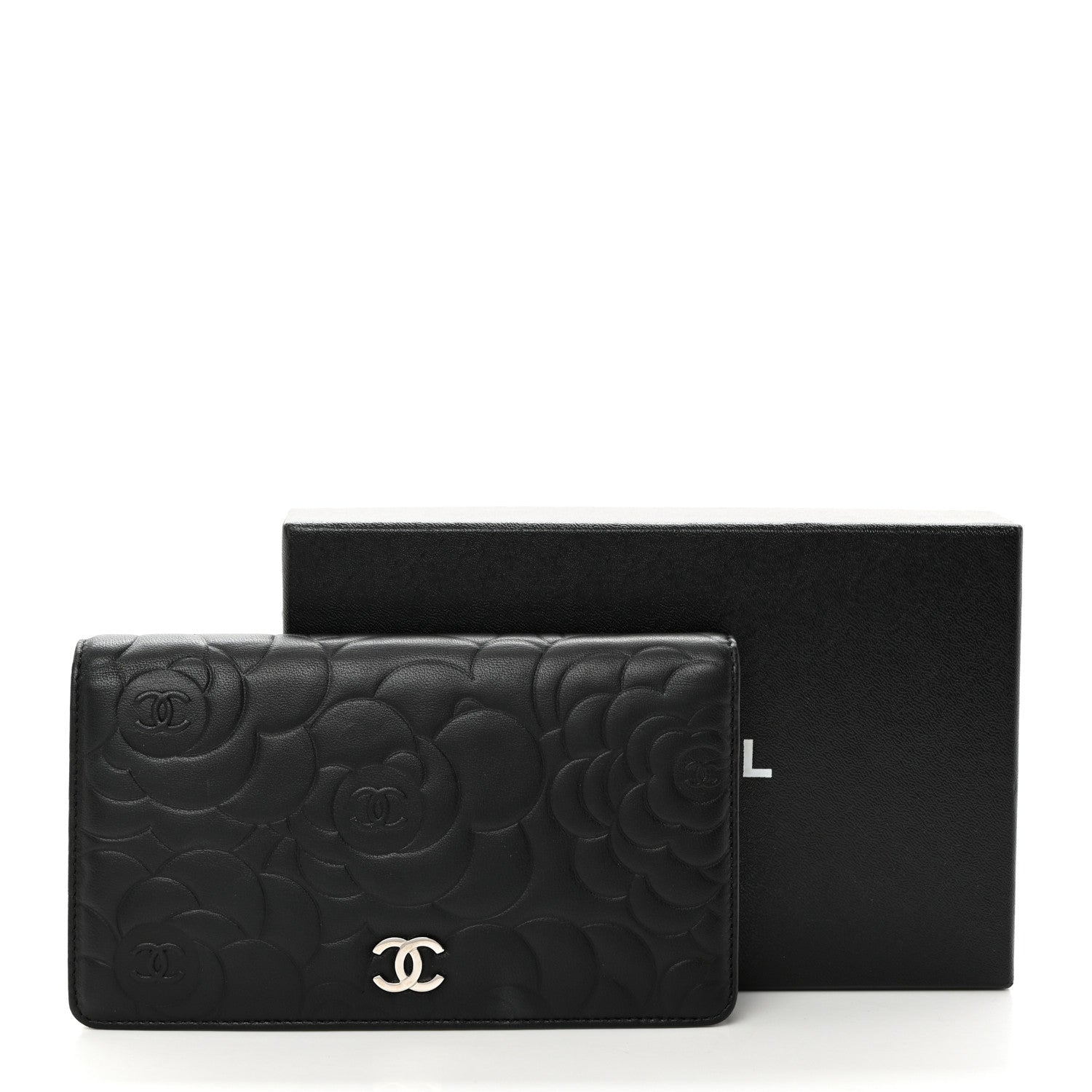 Chanel Lambskin Camellia Embossed Yen Wallet Black 9 of 9