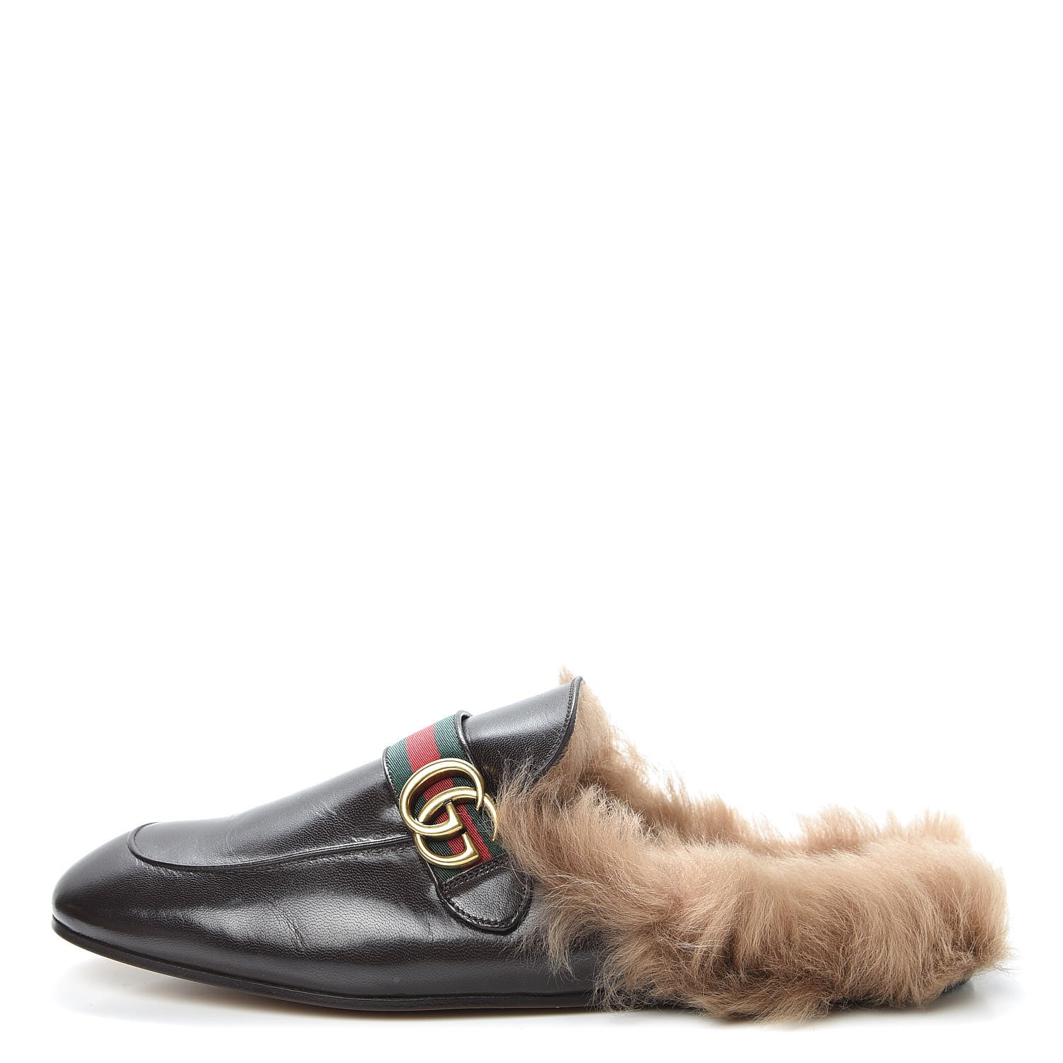 Gucci Goatskin Fur Web GG Mens Princetown Slippers 13 Cocoa 1 of 10