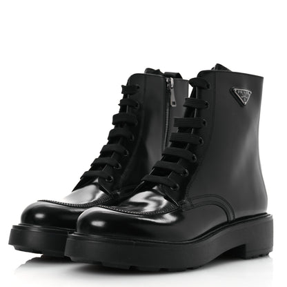 Prada Brushed Calfskin Triangle Combat Boots 39.5 Black 7 of 22