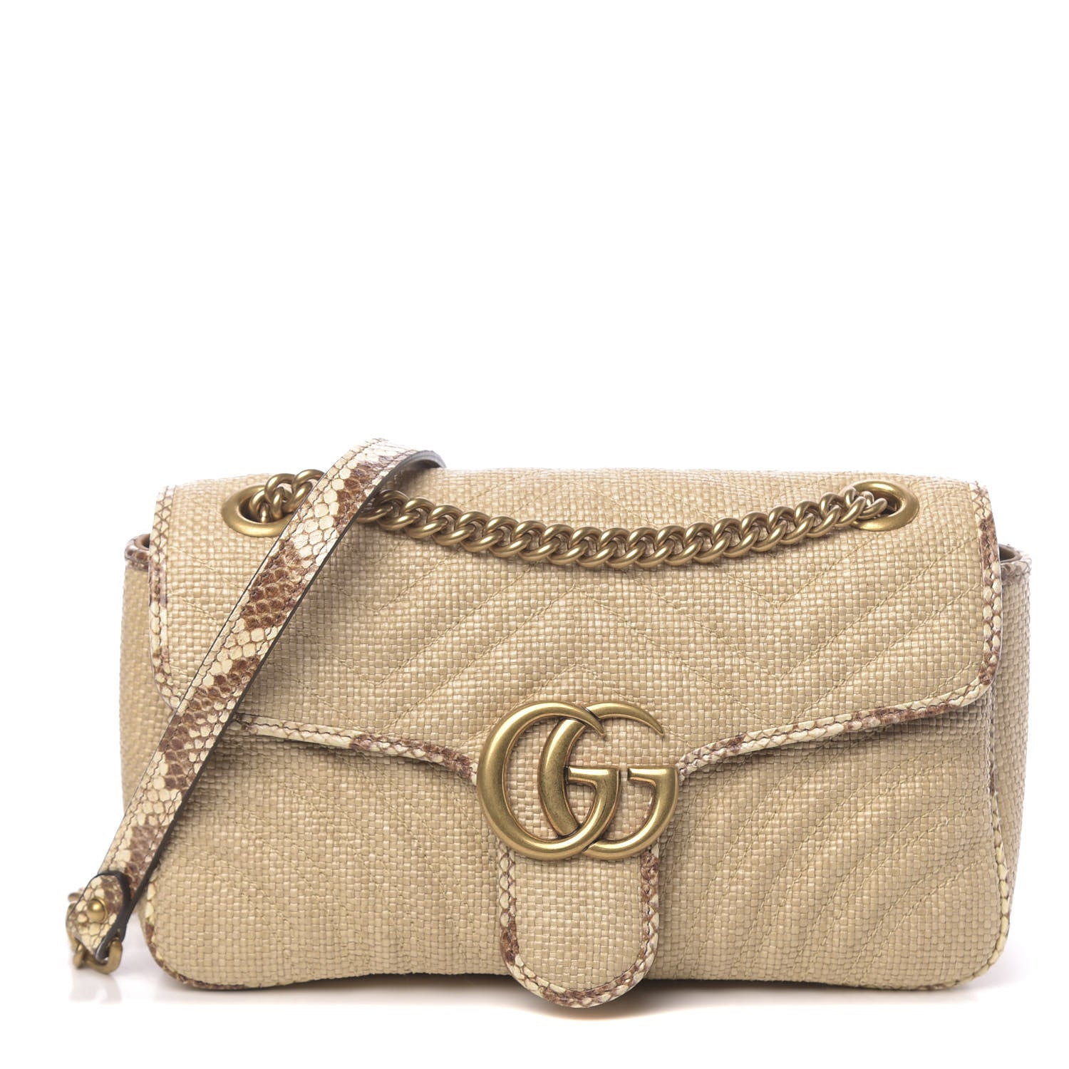 Gucci Raffia Elaphe Matelasse Small GG Marmont Shoulder Bag Natural Cream Brown 1 of 11