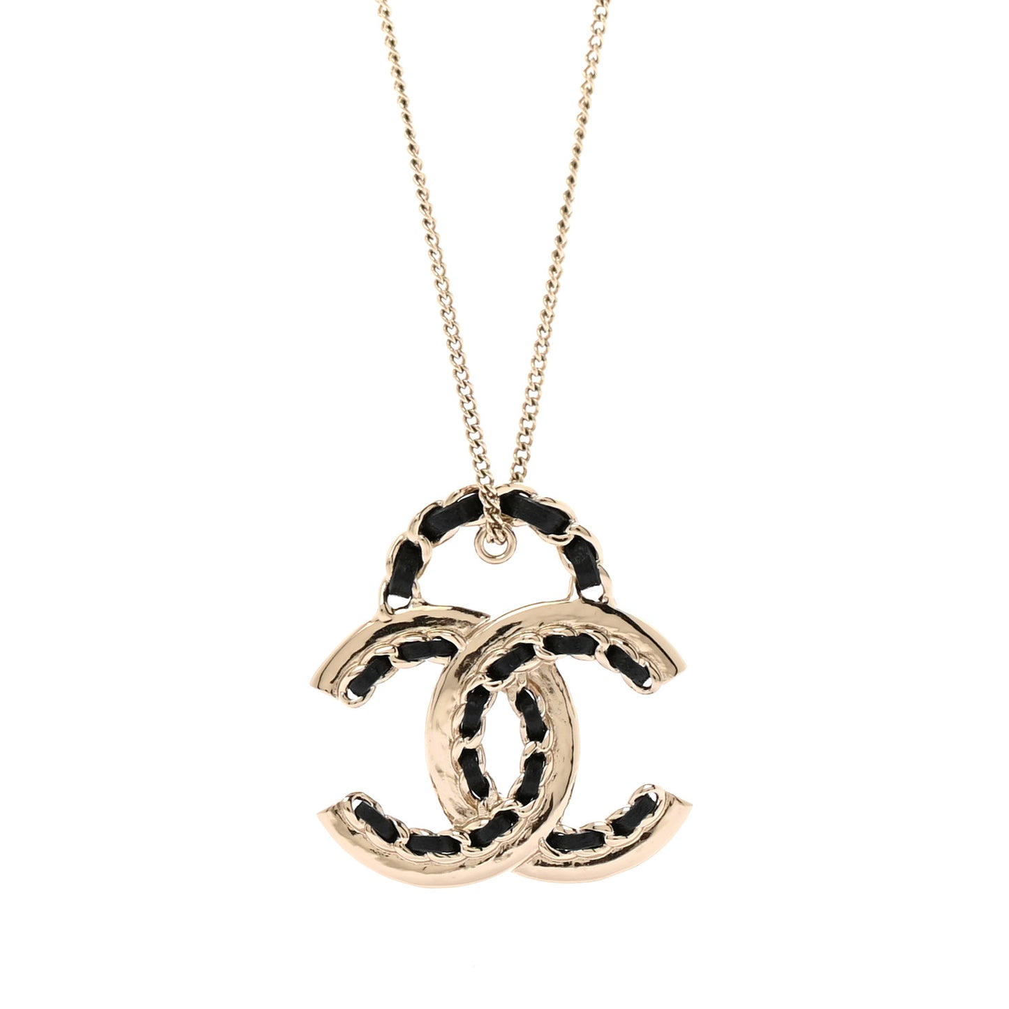 Metal Lambskin CC Pendant Necklace Black Gold