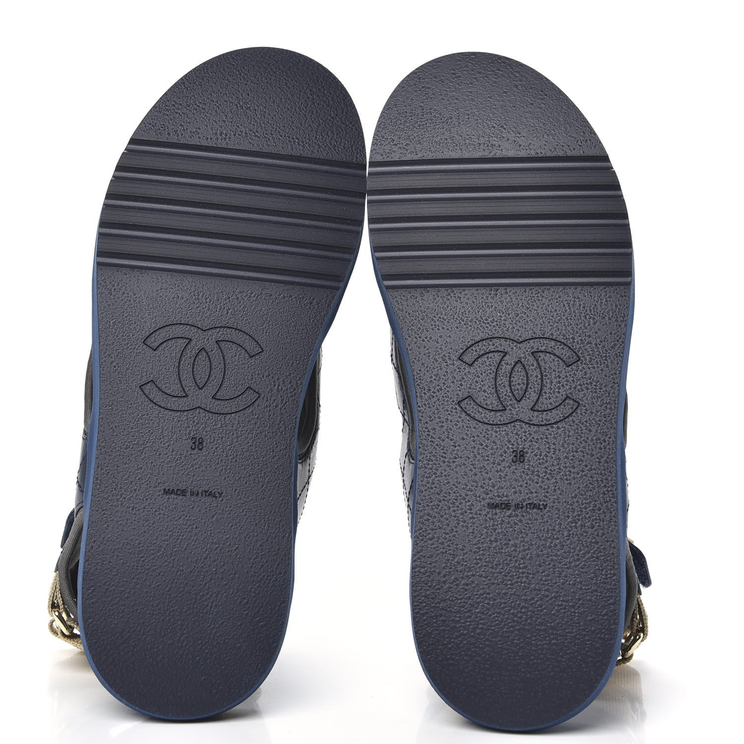 Chanel Goatskin Fabric Gladiator Sandals 38 Navy Blue Light Grey Yellow 5 of 8
