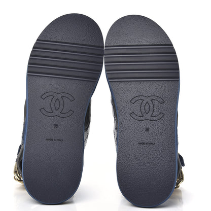 Chanel Goatskin Fabric Gladiator Sandals 38 Navy Blue Light Grey Yellow 5 of 8