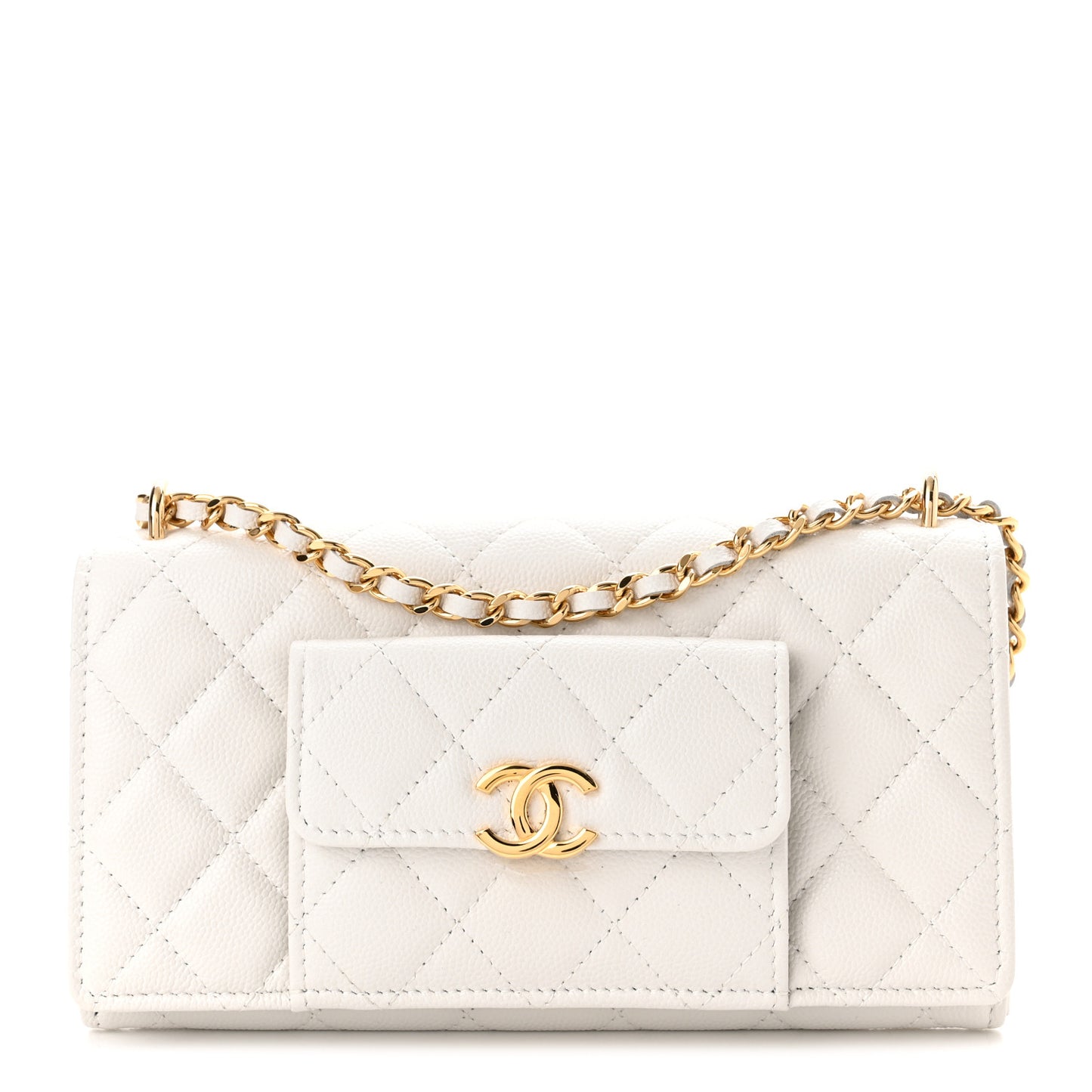 Caviar Quilted Pocket Twins Clutch With Chain White