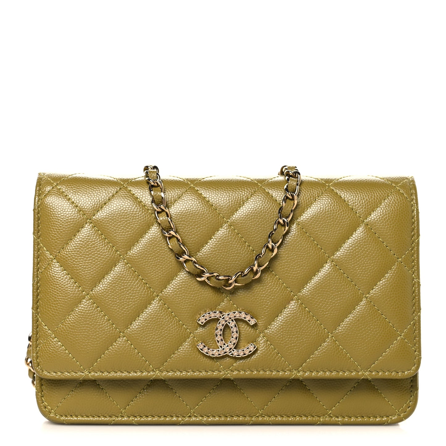 Caviar Quilted Crystal CC Wallet On Chain WOC Green