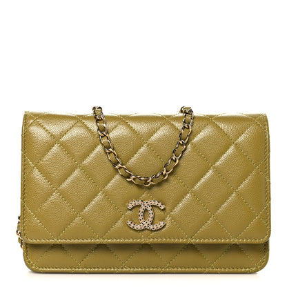 Chanel Caviar Quilted Crystal CC Wallet On Chain WOC Green 1 of 12