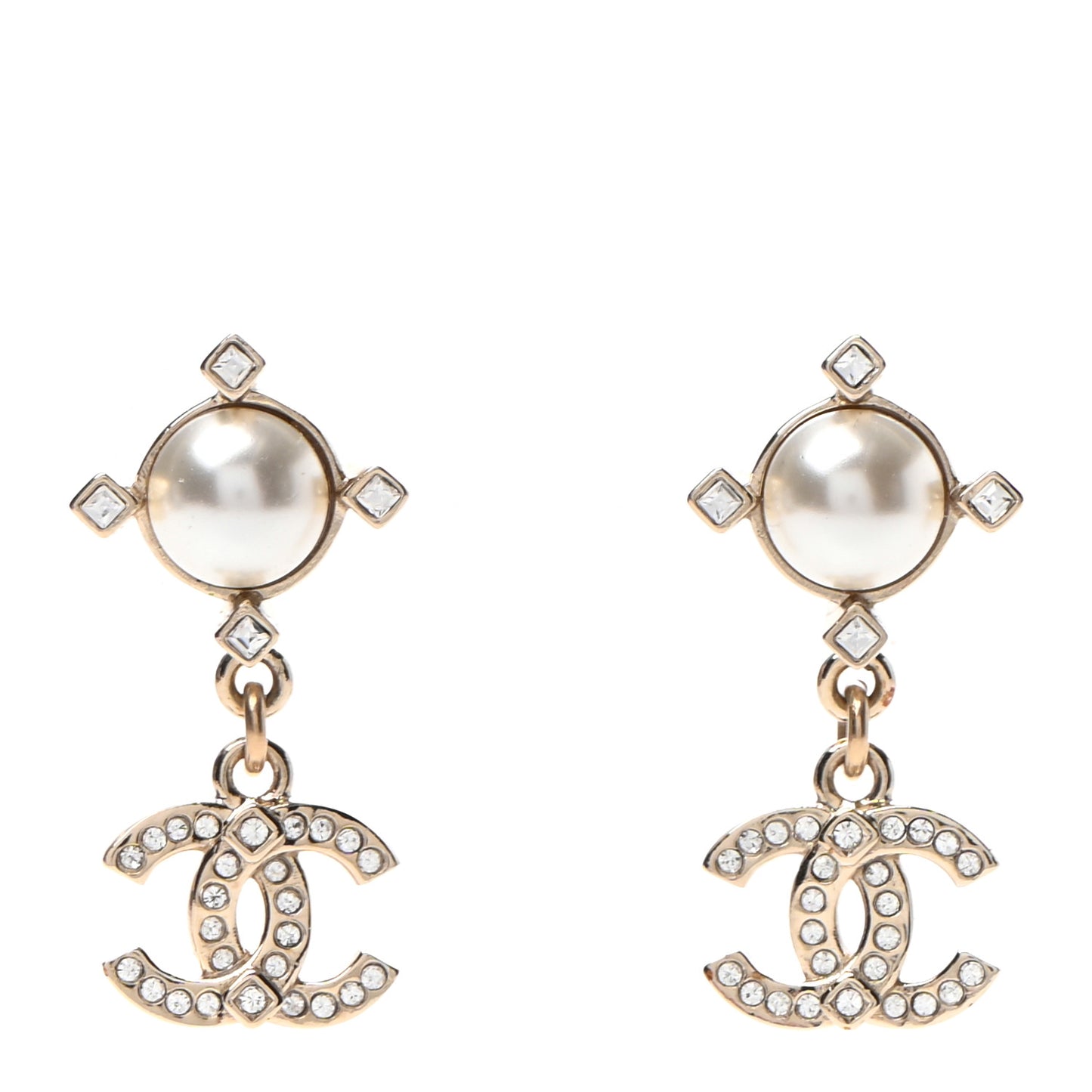 Crystal Pearl CC Drop Earrings Gold