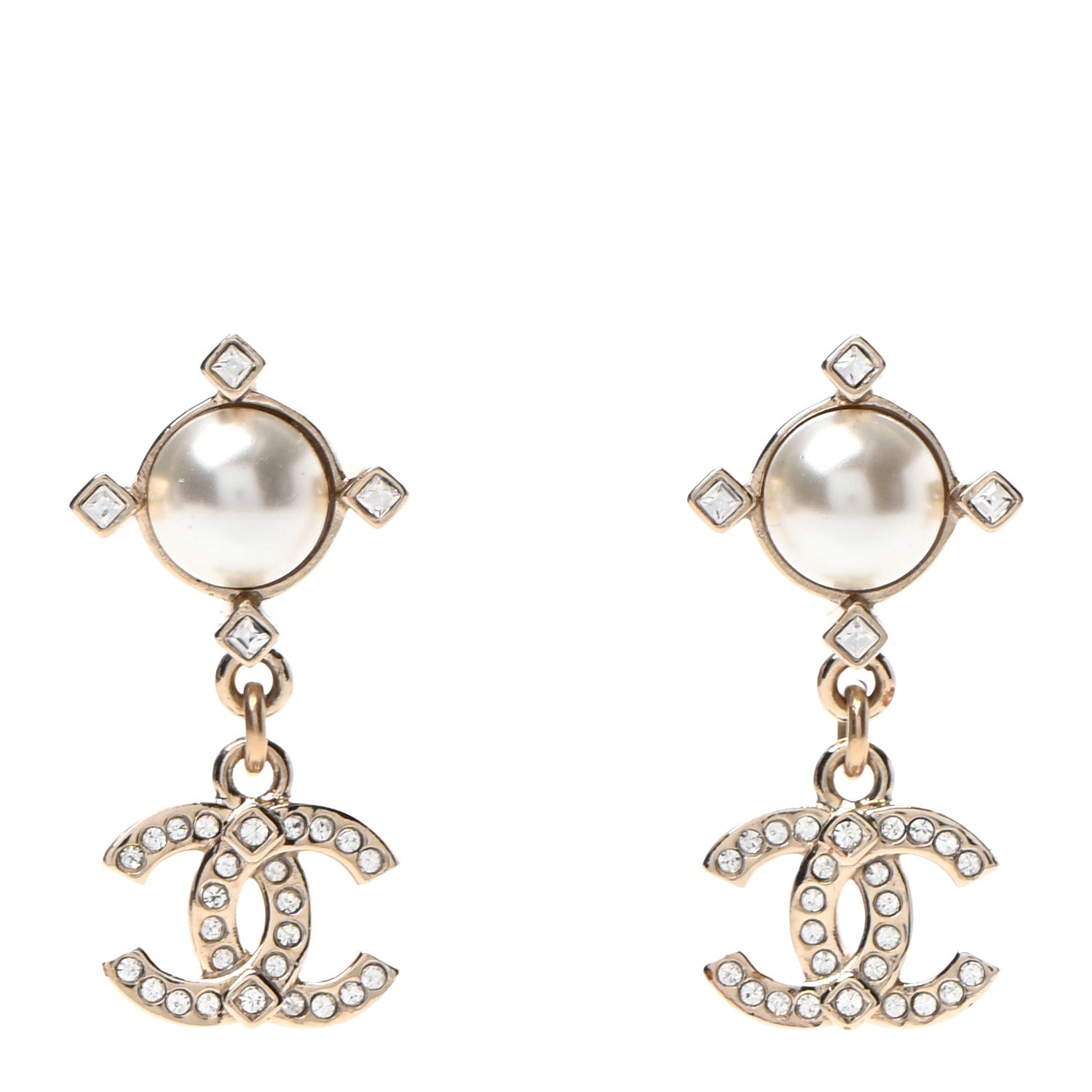 Chanel Crystal Pearl CC Drop Earrings Gold 1 of 4