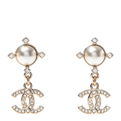 Chanel Crystal Pearl CC Drop Earrings Gold 1 of 4