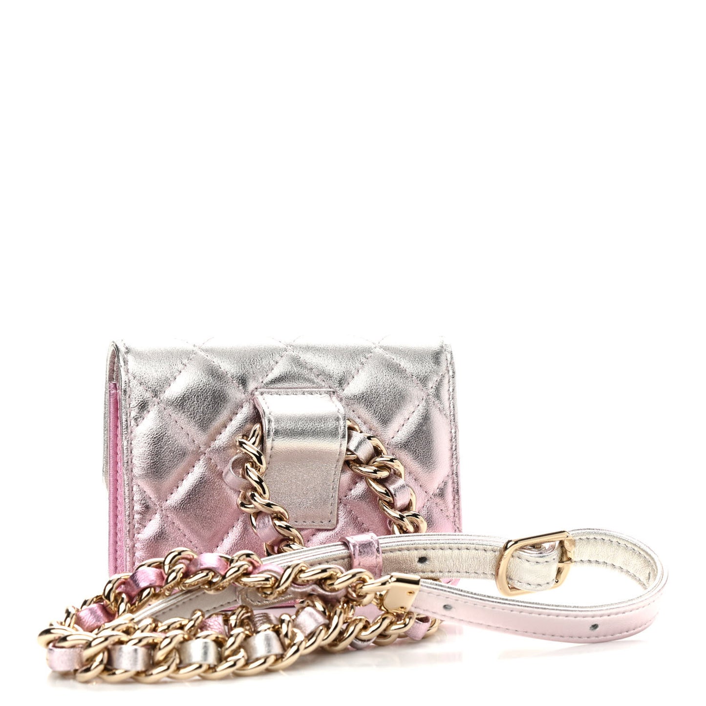 Gradient Metallic Lambskin Quilted Flap Chain Belt Bag Gold Pink
