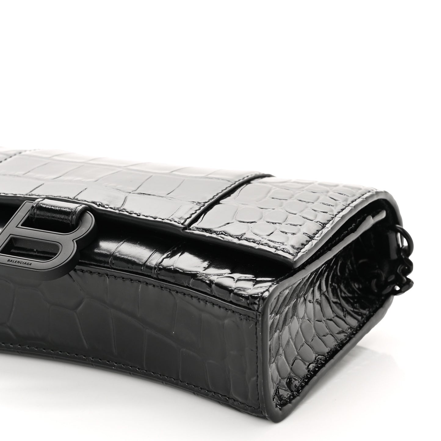 Shiny Calfskin Monochrome Crocodile Embossed Hourglass Chain Bag Black