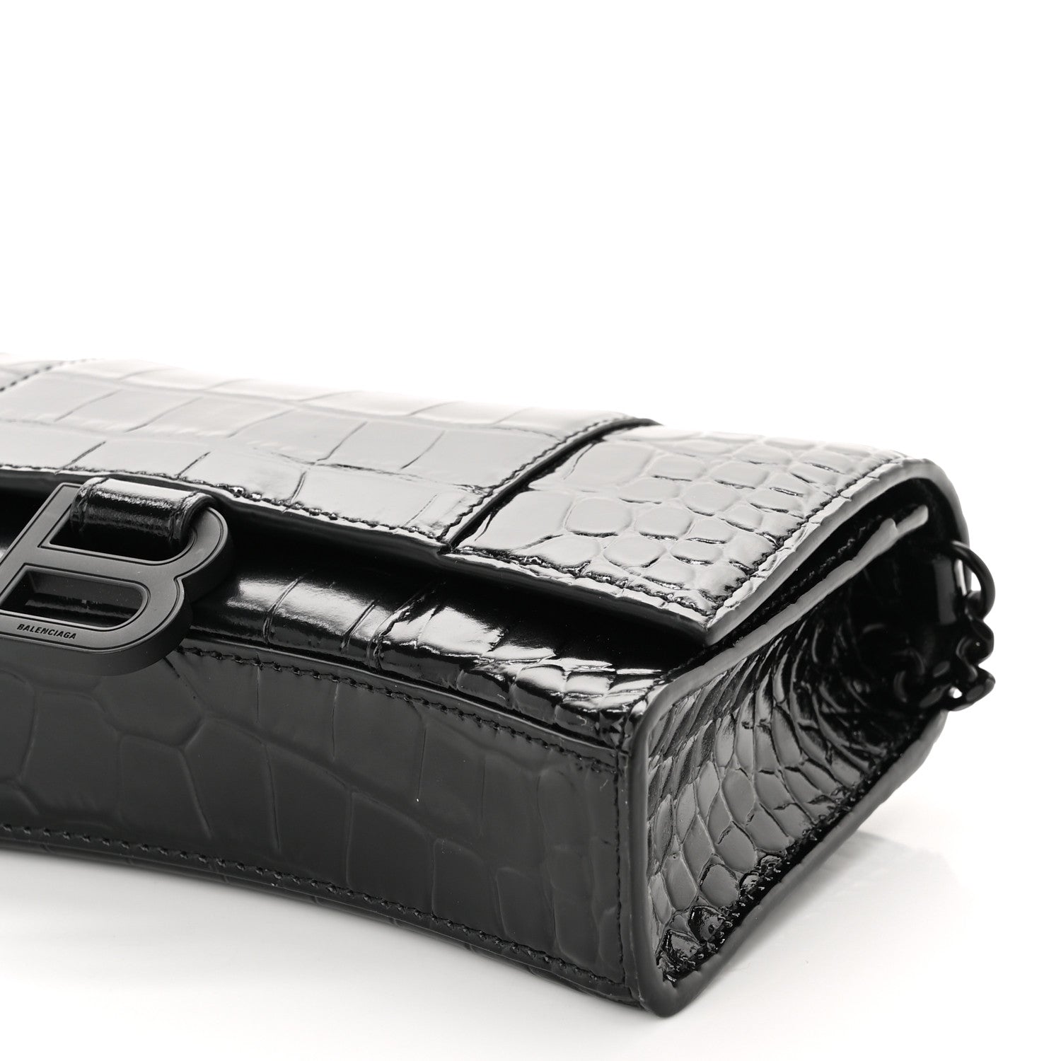 Balenciaga Shiny Calfskin Monochrome Crocodile Embossed Hourglass Chain Bag Black 9 of 9