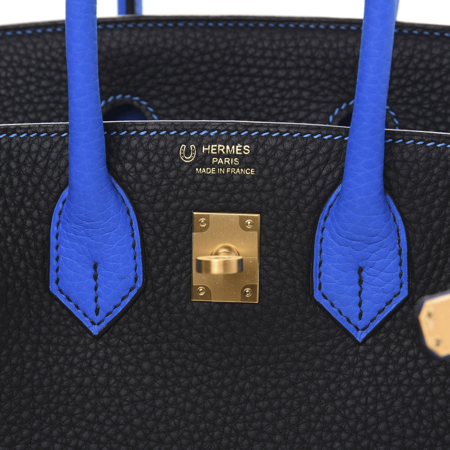 Taurillon Clemence Horseshoe Birkin 25 Black Bleu Hydra