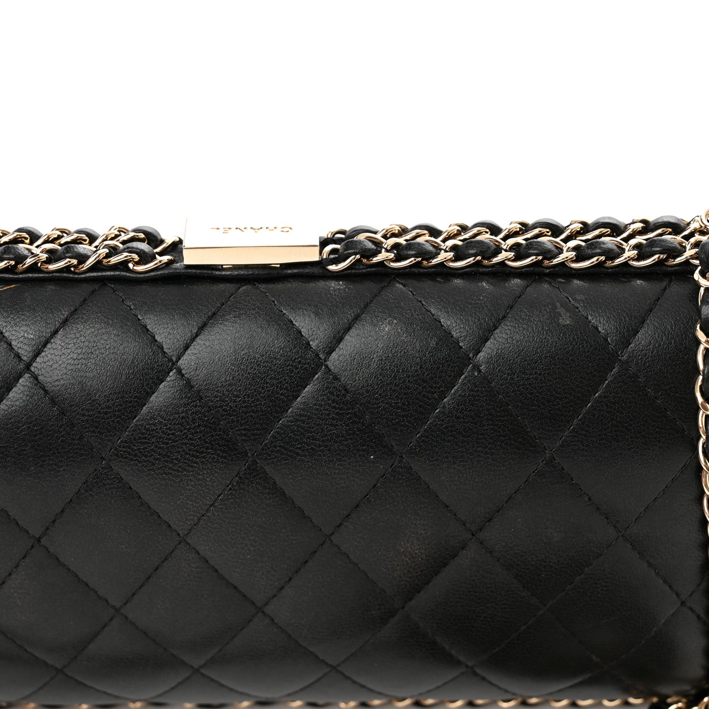 Lambskin Quilted Pearl Crystal Chain Around Clutch Black