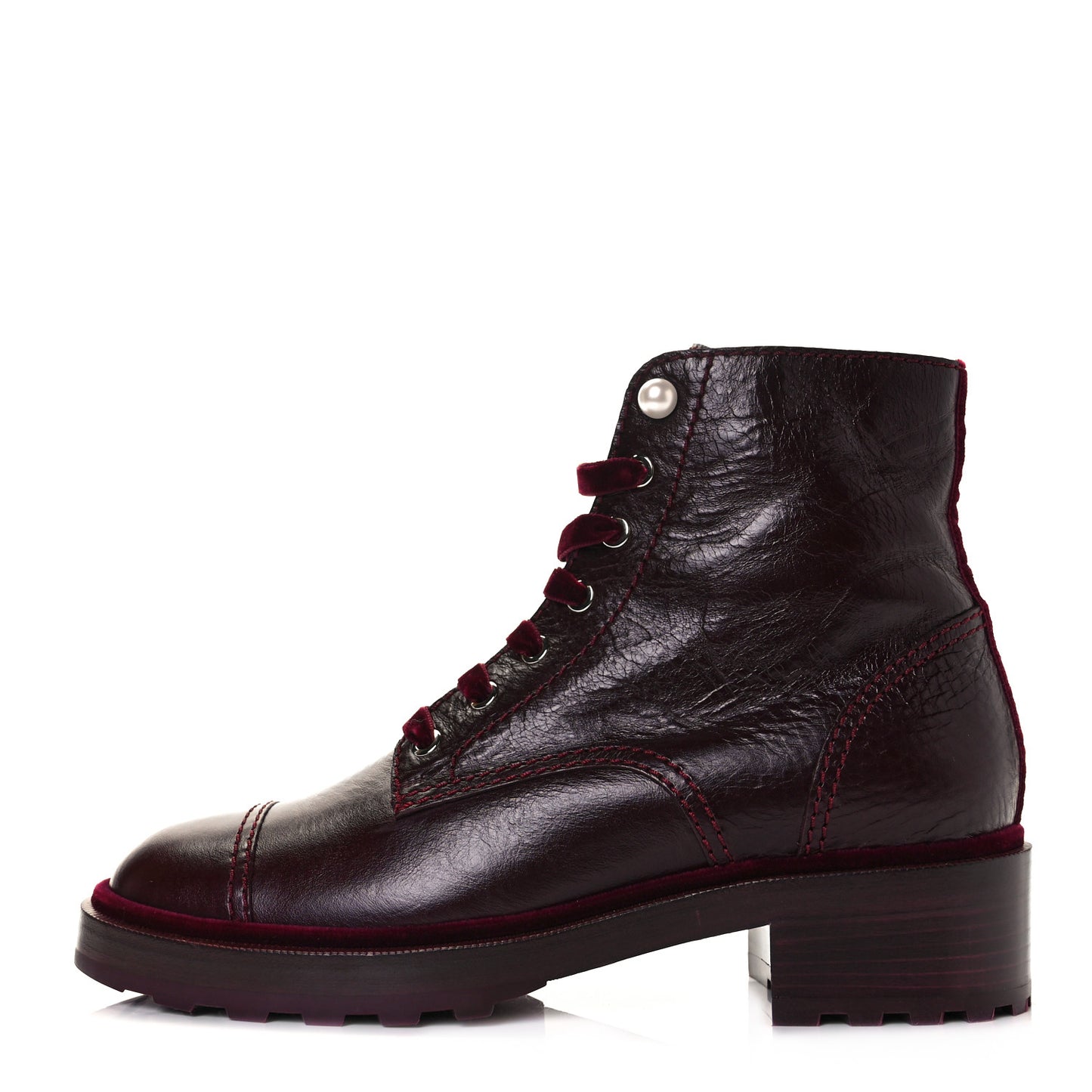 Calfskin Velvet Pearl Combat Short Boots 42 Burgundy