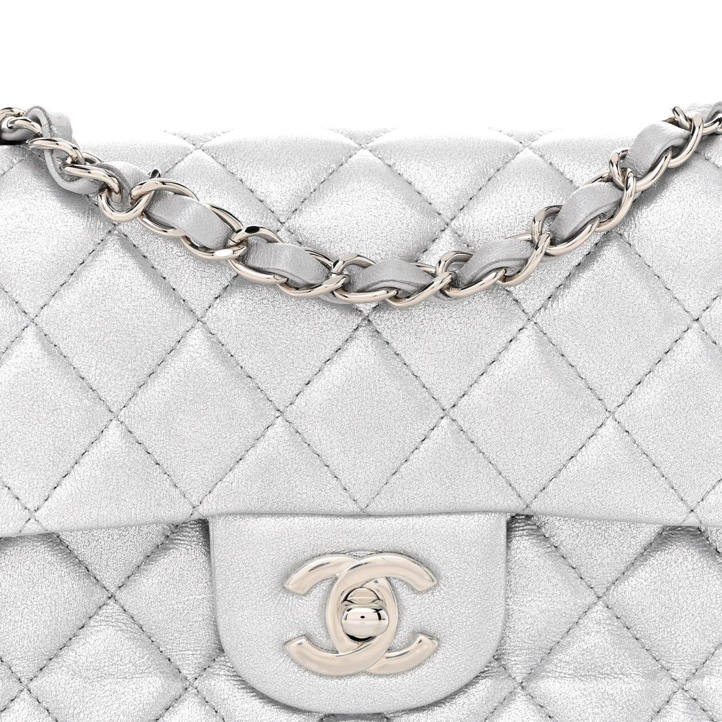 Metallic Lambskin Quilted Mini Rectangular Flap Silver