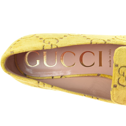 Gucci Velvet GG Monogram Sylvie Web Chain Mid Heel Loafers 37.5 Sunny Beige 9 of 11