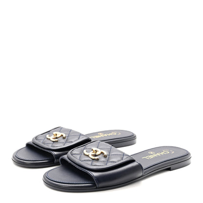 Chanel Lambskin Quilted Turnlock Flat Mules 38.5 Navy 4 of 9