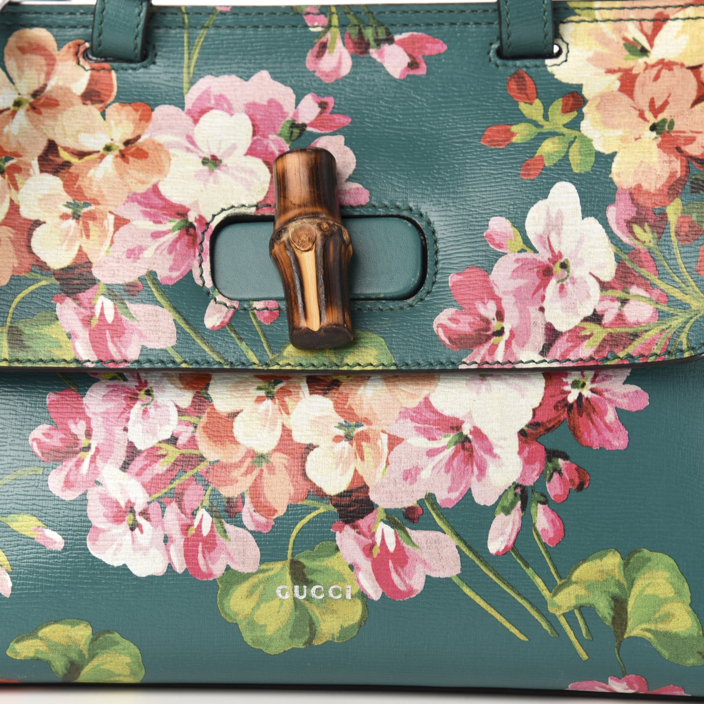 Shangai Calfskin Blooms Print Small Bamboo Daily Top Handle Bag Clear Bright Emerald Multicolor