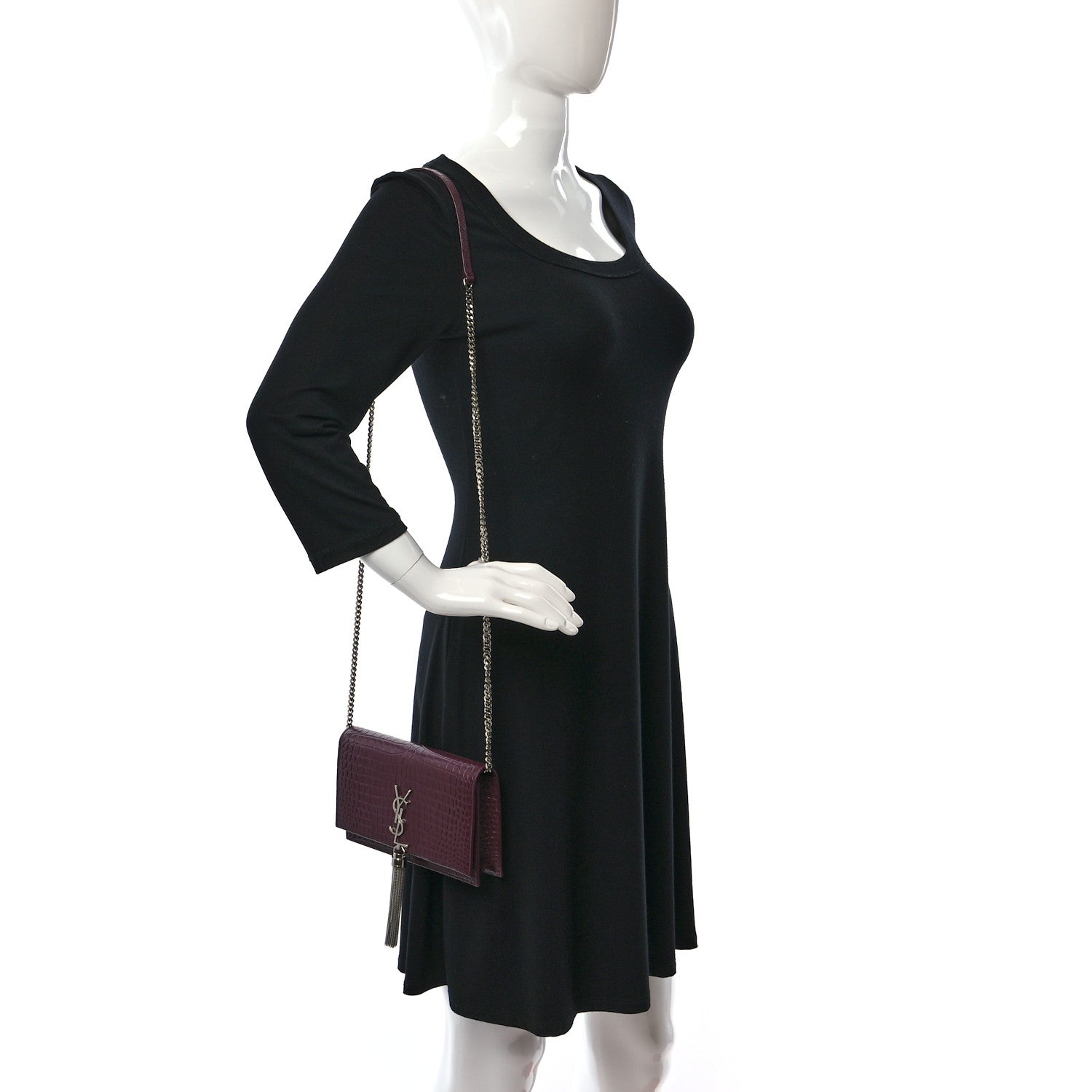 Saint Laurent Calfskin Crocodile Embossed Kate Monogram Tassel Chain Wallet Rouge Legion 2 of 12