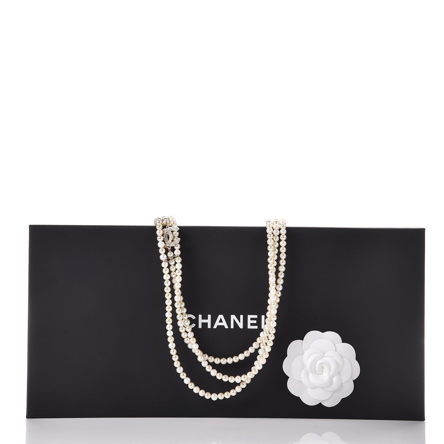 Pearl Crystal CC Triple Strand Long Necklace Gold