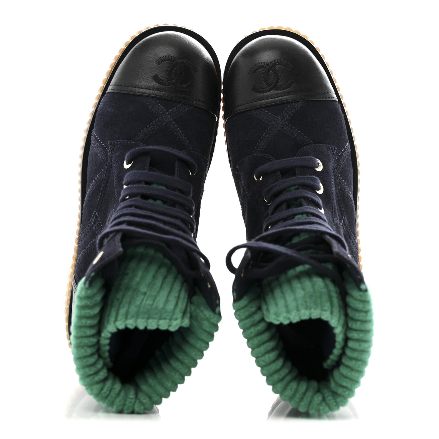 Suede Calfskin Velvet Quilted CC Combat Boots 36 Navy Green Black