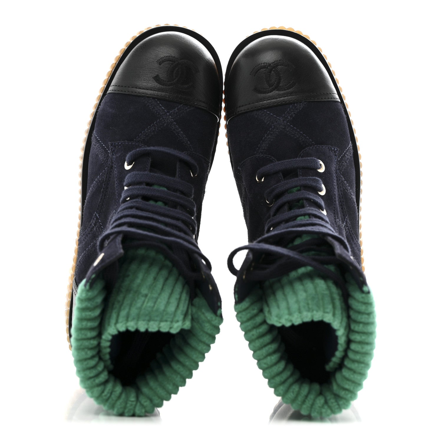 Chanel Suede Calfskin Velvet Quilted CC Combat Boots 36 Navy Green Black 2 of 12