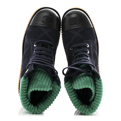 Chanel Suede Calfskin Velvet Quilted CC Combat Boots 36 Navy Green Black 2 of 12